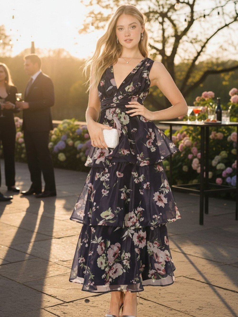 Lulus Molinetto Navy Blue Floral Organza Ruffled Tiered Maxi Dress​ NWT